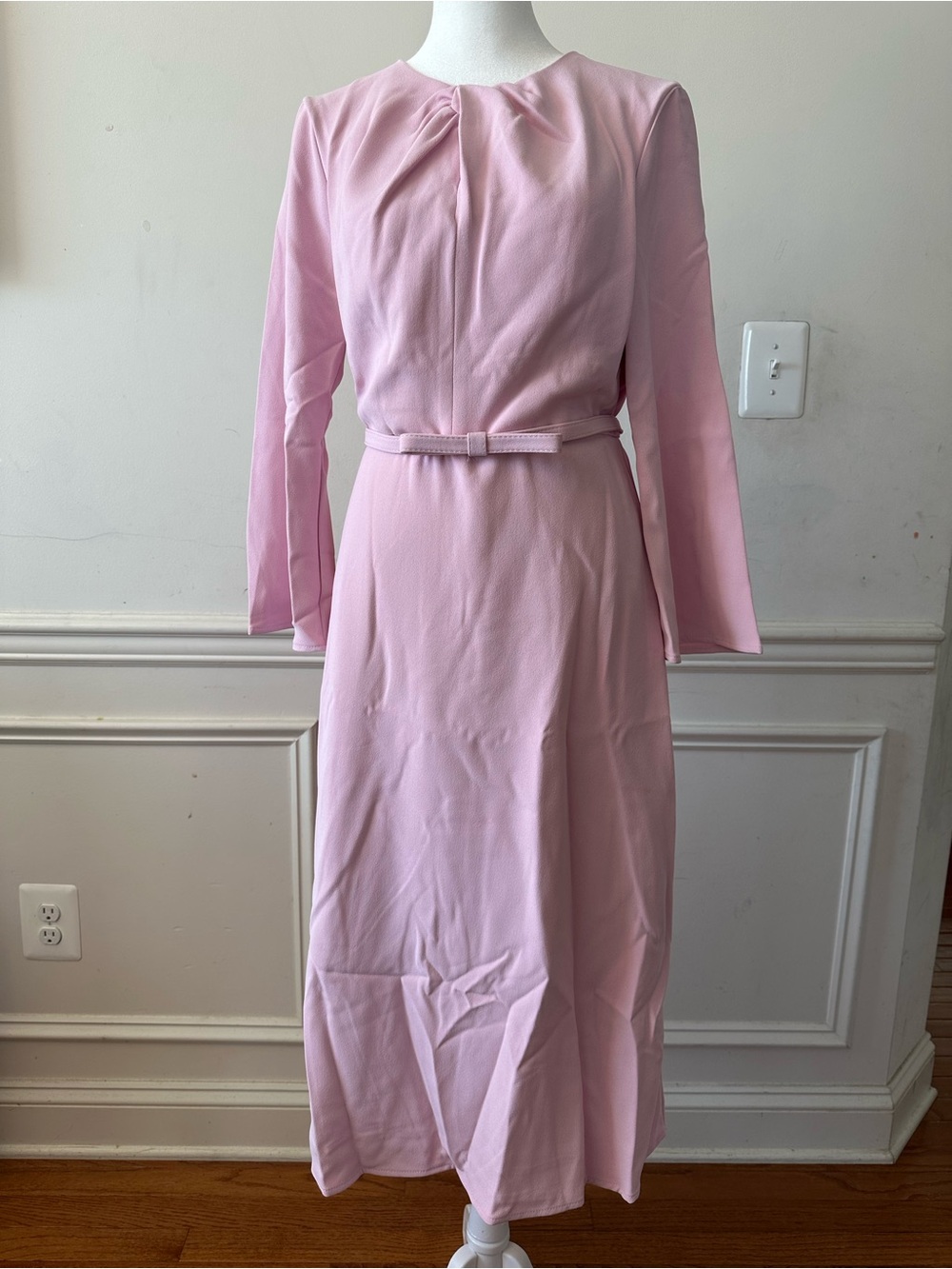 MOTF Soft Pink Long-Sleeve Midi Dress with Slim Belt